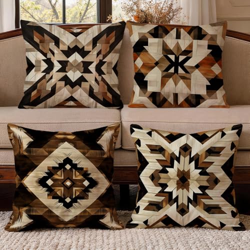 OBSEDE Rustic Aztec Wood Decorative Throw Pillow Covers 18x18 Set of 4 Faux Linen Cushion Cases Single-Sided Print Faux Wood Geometric Accent Pillows for Couch Sofa - color: Rustic Aztec Wood