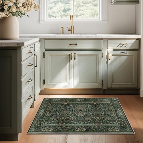 2x3 Floral Washable Area Rug for Living Room, Vintage Boho Rug for Bedroom Dining Room， Distressed Botanical Birds Non Slip Low Pile Forest Animal Throw Carpet for Farmhouse Office, Dark Green - color: Dark Green, size: 2' x 3' (Rectangular)