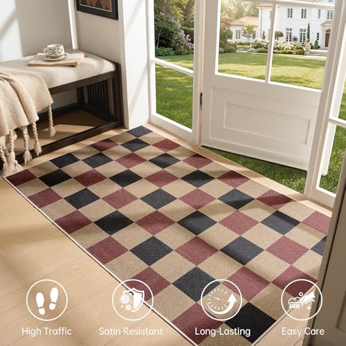 Sasttie Checkered Jute-Look Entryway Rug, 3x5 Washable Rug Front Door Mat, Non-Slip Neutral Farmhouse Throw Rugs for High Traffic Indoor & Outdoor, Red/Black/Natural - color: Red & Black & Natural, size: 3' x 5' (Rectangular)