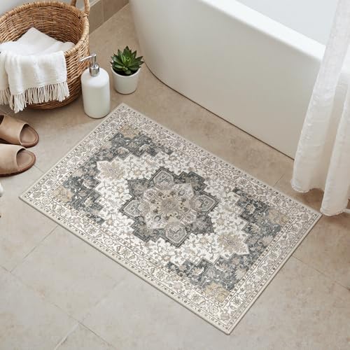 GENIMO Area Rug 2x3 Doormat, Machine Washable Low Pile Rugs, Small Retro Entryway Mat for Entrance, Hallway, Kitchen and Corridor, Heathered Grey - color: Area Grey, size: 2' x 3' (Rectangular)