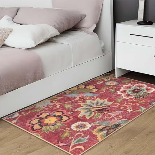 Beeiva Floral 3x5 Washable Rug Non Slip, Red Small Vintage Washable Rugs for Entryway, Ultra Thin Paisley Red Lightweight Entryway Carpet for Bathroom Kitchen Bedroom Office Christmas - color: Red, size: 3' x 5' (Rectangular)