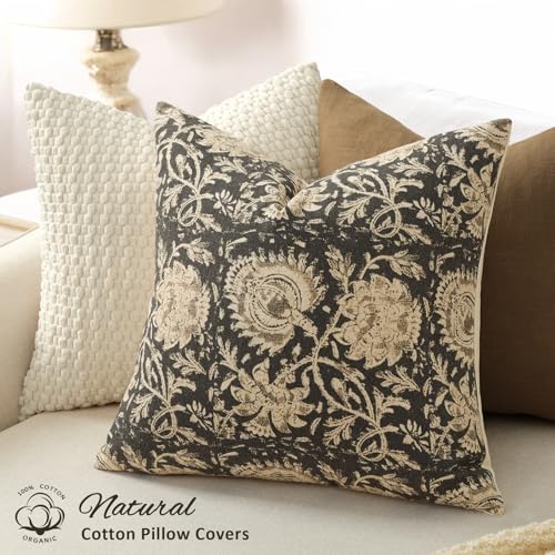 Vintage Floral Print Throw Pillow Covers 16x16 Set of 2 Neutral Modern Farmhouse Accent Decorative Cushion Covers Boho Home Decor for Couch Sofa Chair Bed Living Room, Black - color: Black, size: 16" x 16" (Pack of 2)