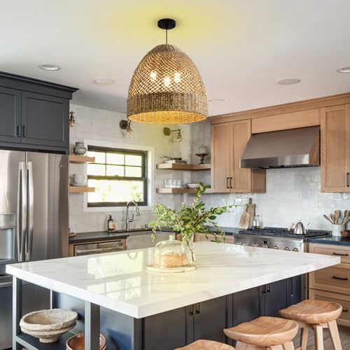 18.9" Large Rattan Chandelier,Rattan Pendant Lights Boho 3-Lights Wicker Hand-Woven Kitchen Island Pendant Lighting for Kitchen Islands Dining Rooms, - size: 3-Light 18.9 inch