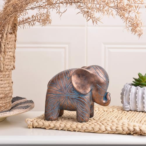 Small Elephant Statue,Boho Textured Animal Elephant Figurine Decor Ornament, Good Luck Resin Elephant Gifts for Women,Tabletop Home Decoration for Shelf Living Room Bedroom Office-Copper - color: Copper Blue