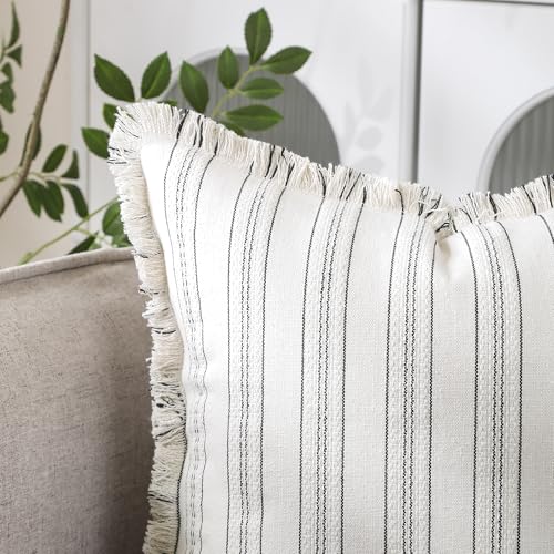Set of 2 Striped Throw Pillow Covers 18x18 Inch, Boho Linen Blend Pillow Cases with Tassel Fringe, Black White Stripe Decorative Covers with Hidden Back Zipper for Couch Farmhouse Home Decor