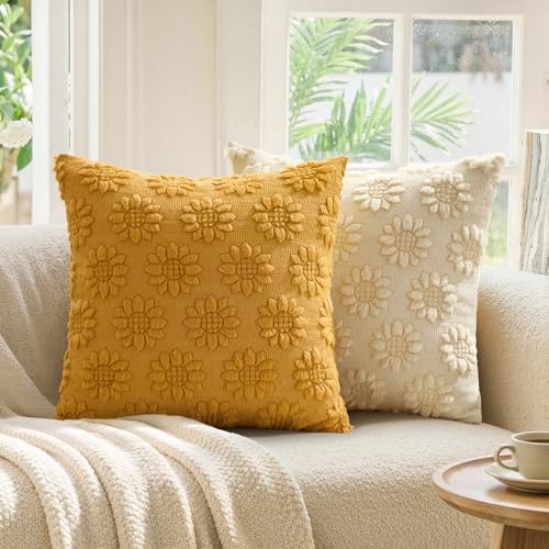 EMEMA Yellow Floral Tufted Throw Pillow Covers, Set of 2 Soft Textured Decorative 18x18 Cushion Cases Bringing a Light, Cozy Layer to Sofa, Couch, Bedroom or Modern Farmhouse Living Room Décor - color: Mustard Yellow-little Flower, size: 18" x 18" (Pack o