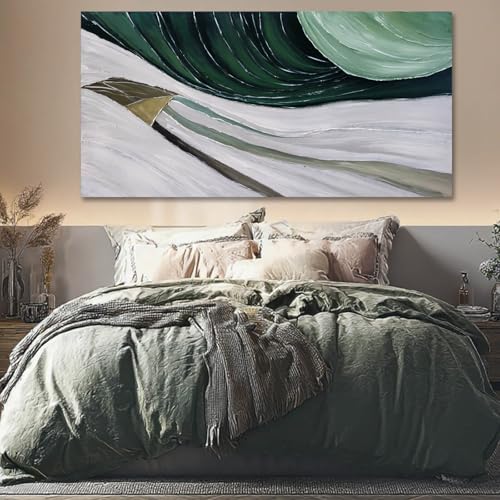 MLART99 Large Abstract Wave Painting Green and White Modern Canvas Wall Art Painted Line Texture for Bedroom Living Room Home Decor 29x58 Inch - color: Green and White, size: 58"L x 29"W