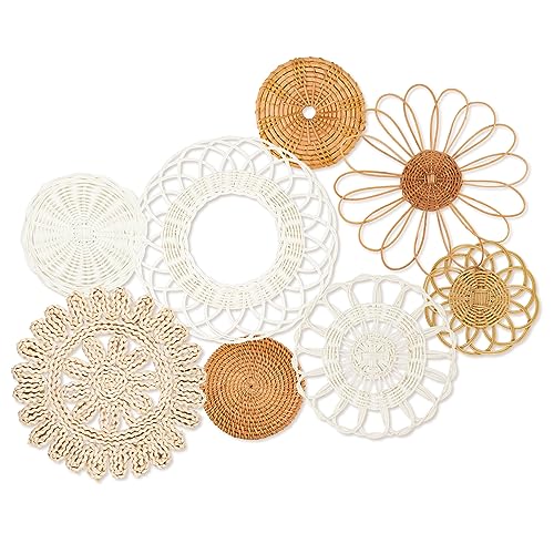 Boho Wall Basket Decor Set of 8,Rattan Flower Wall Decor,Flat Woven Baskets Wall Hanging Decor,Unique Boho Wicker Seagrass Wall Decor(Rattan Classic) - style: Classic rattan