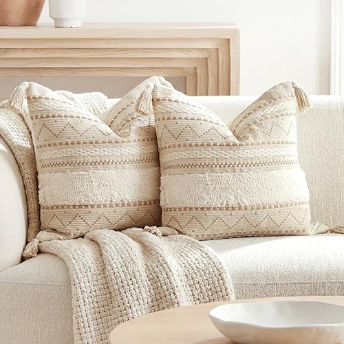 BlissBlush Decorative Throw Pillow Covers 20x20 Combo Set of 2 Square Cream Neutral White Boho Accent Pillowcase Tassels Farmhouse Cushion for Couch Sofa Bedroom Living Room Home Décor Cover ONLY - color: Beige, size: 20" x 20" (Pack of 2)