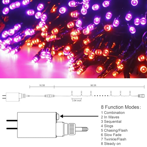 300 LED Halloween String Lights, 98.5FT with 8 Modes, Waterproof, Plug in for Indoor/Outdoor Party Decorations (Purple & Orange) - color: Purple & Orange