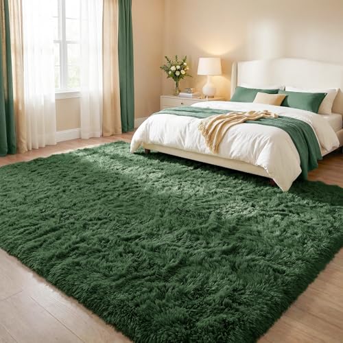 DweIke Fluffy Dark Green Rugs for Bedroom Living Room, 3x5 Feet Soft Plush Shaggy Forest Hunter Green Girls Boys Kids Rug, Non-Slip and Machine Washable Carpet for Dorm Nursery Classroom Decor - color: Dark Green, size: 3 Ft X 5 Ft