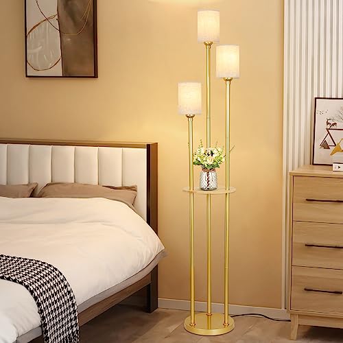 Floor Lamps for Living Room, 3-Lights Modern Floor Lamp with Shelves, Gold Standing Lamp with Fabric Shade and Foot Switch, Shelf Standing Lamps with Table, Tall Table Lamps for Bedroom Office - style: Gold-Fabric Shade