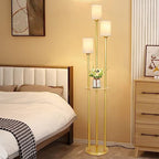 Floor Lamps for Living Room, 3-Lights Modern Floor Lamp with Shelves, Gold Standing Lamp with Fabric Shade and Foot Switch, Shelf Standing Lamps with Table, Tall Table Lamps for Bedroom Office - style: Gold-Fabric Shade