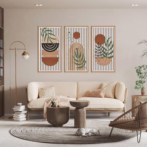 IARTTOP Large Boho Wood Wall Art Framed 16x32 Inch Mid century Modern Wooden Wall Decor Abstract Bohemian Minimalist Art Decor for Bedroom Living Room Office Set of 3 - color: Vintage Boho, size: 16 x 32 inches