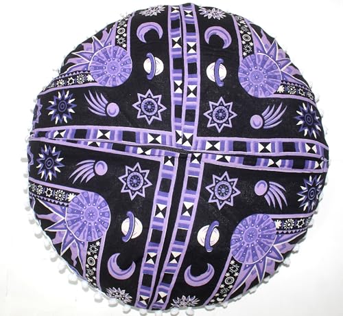 ICC Round Mandala Floor Pillow Cover Seating Cushion Throw Cover Hippie Decorative Bohemian Ottoman Pouf Cover, Pom Pom Pillow Cases,Boho Indian 22 Inches Purple Burning Sun - color: Purple, size: 22" x 22" (Pack of 1)