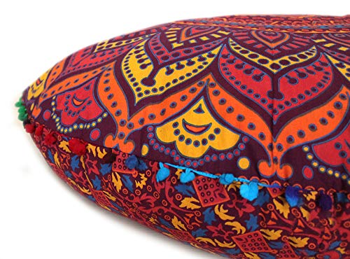 INDIAN CRAFT CASTLE New Orange Ombre 24" Mandala Barmeri Large Floor Pillow Cover Cushion Meditation Seating Ottoman Throw Cover Hippie Decorative Zipped Bohemian Pouf Ottoman Pom Pom Cases 24" Round - color: Orange Yellow, style: 24 Inch Round