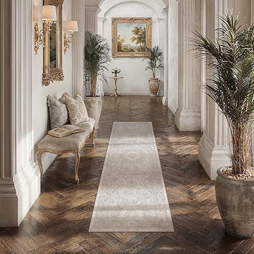 PureCozy Gray Runner Rug 2x6 Hallway Washable Vintage Carpet for Kitchen Non Slip Soft Low Pile Indoor Retro Oriental Medallion Grey Accent Throw Long Rug Rug for Bathroom Laundry Dining Room - color: Grey, size: 2' x 6' (Runner)