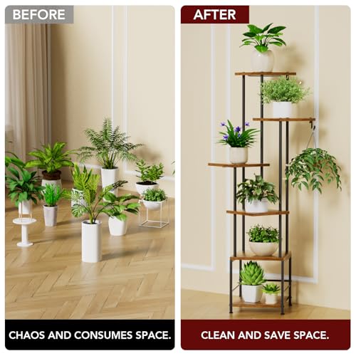 Homsorout Plant Stand Indoor with Grow Light - 6-Tier Metal Plant Shelf with Hanging Basket Hook, Corner Tall Flower Holder for Multiple Plants, Living Room Balcony Garden Patio, Rustic - color: Rustic, size: 6-Tier