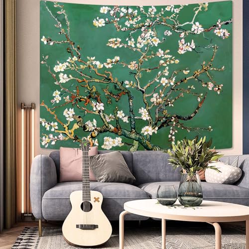 Yeoiat Van Gogh Tapestry Almond Blossom Floral Wall Tapestry, Tree Tapestries for Bedroom Art Tapestries Wall Hanging for Bedroom Living Room 60"x80" - color: Green White, size: 80"L x 60"W