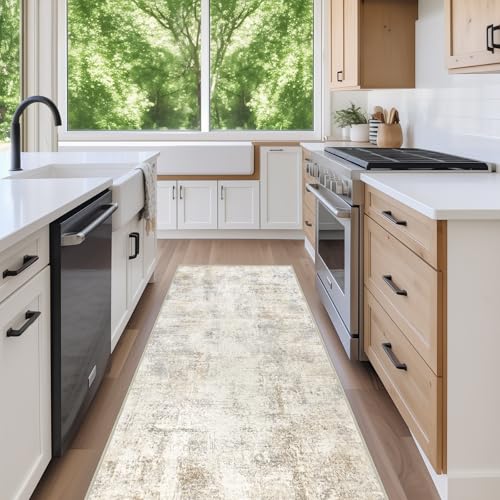 Capslpad 2x8 Washable Runner Rug, Modern Non-Slip Hallway Runner Rug, Abstract Low Pile Kitchen Rug, Soft Print Faux Wool Rug for Entryway, Bedroom, Kitchen, Laundry, Light Beige - color: Beige, size: 2' x 8' (Runner)