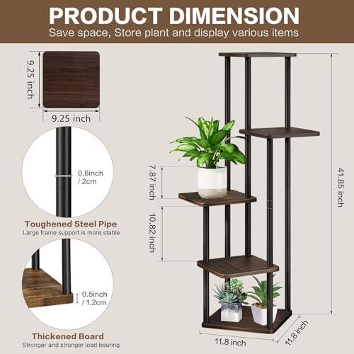 5 Tier Plant Stand Indoor, Thickened Metal Wood Corner Plant Shelf Stands for Multiple Plants, Indoor Tall Plants Stand Tiered Flower Holder for Living Room Patio Garden Balcony(Black+Oak) - color: Black+Oak, size: 5 Tier