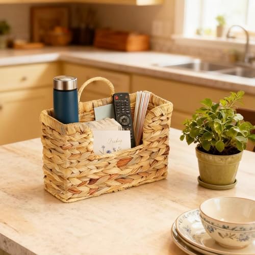 Hanging Magazine Basket, Woven Wall Magazine Holder Organizer with Handle for Mail, Files, Books - Water Hyacinth Farmhouse Storage Rack for Bathroom, Kitchen, Office
