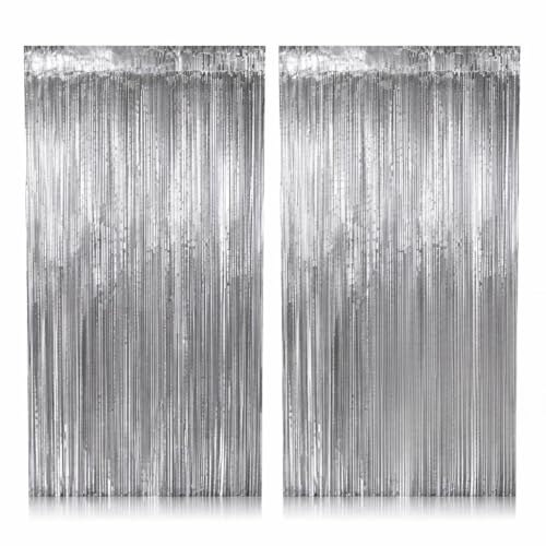 2 Pack Silver Metallic Foil Fringe Curtain Backdrop Streamers 3.2ft x 6.4ft. Party Decoration for Birthday, Wedding, New Years Eve, Graduation, Baby Shower - color: Silver
