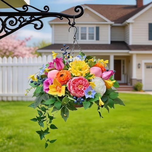 Soomeir Artificial Hanging Flowers Basket for Outdoor, Faux Hanging Plants, Garden-Style Mixed Blooms with Roses, Dahlia & Gerbera, Decorative Fruit & Lush Greenery for Porch, Patio, Balcony