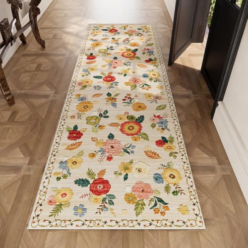 2x6 Hallway Washable Runner Rug: Vintage Kitchen Rug Runner with Non Slip Backing Low Pile Soft Faux Wool Non Shedding Distressed Carpet Runners for Entryway Living Room Bedroom Bathroom Farmhouse - color: Beige Floral, size: 2' x 6' (Rectangular)