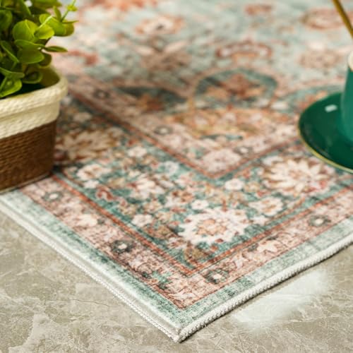 Washable Oriental Area Rug - 2x3 Rugs for Living Room Soft Carpet for Bedroom Waterproof Floral Distressed Indoor Stain Resistant Non-Shedding Floor Carpets (Green, 2x3) - color: Green, size: 2' x 3' (Rectangular)