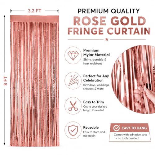 2 Pack Rose Gold Fringe Curtain Backdrop, Metallic Foil Streamers 3.2 x 6.4 FT, Tinsel Photo Booth Backdrop for Birthday, Baby Shower, Bachelorette, Graduation, Wedding Party Decorations - color: Rose Gold