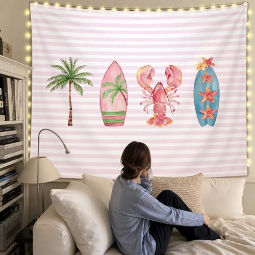 SkyCozy Pink Surf Coastal Beach Wall Tapestry,Surf Board Room Decor, Summer Coastal Preppy Trendy Retro East Coast Coquette Surfboard Crawfish Tapestry Decor for Girls Room College, 50x60 Inch - color: 01- Surf Coastal Tapestry(Pink)