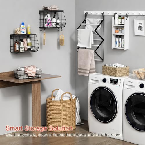 Goozii Black Kitchen Wall Hanging Storage Basket Set of 2, Rustic Stackable Kitchen Counter Fruit Organizer, Wire Baskets Container for Veggie, Garlic, Produce, Onion and Potato (Black Shelf) - color: Black + Black Wood