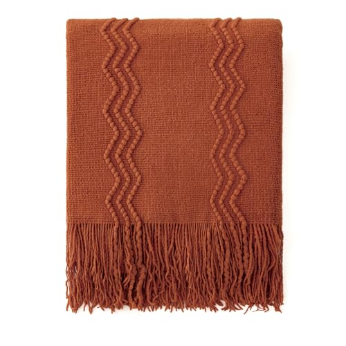 MIULEE Rust Knitted Throw Blanket for Couch Terracotta Boho Textured Cozy Woven Rustic Blanket with Tassels for Sofa Chair Bed Living Room Farmhouse Decor Acrylic Wave Pattern 50"x60" - color: Rust, size: 50" x 60"