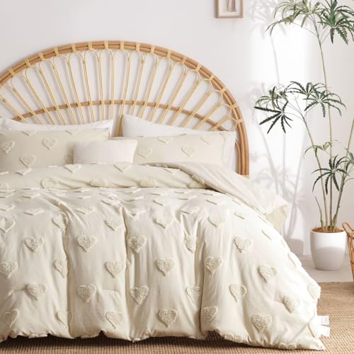 Boho Tufted Comforter Set Queen Size Beige Heart Textured Bedding Set 3 Pieces Farmhouse Shabby Chic Embroidery Bed Set Soft Jacquard Comforter for All Season with 2 Pillowcases - color: Beige Heart, size: Queen (90"x90")