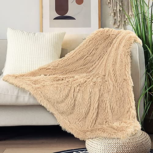 Tuddrom Decorative Extra Soft Faux Fur Throw Blanket 50"x60",Solid Reversible Fuzzy Lightweight Long Hair Shaggy Blanket,Fluffy Cozy Plush Fleece Comfy Microfiber Blanket for Couch Sofa Bed,Apricot - color: Apricot, size: Throw-50" x 60"