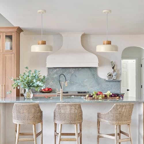 Modern Pendant Lights,12.6 inch,Natural Wood Cap,Simple Hanging Light Fixture for Kitchen Island,Dining Room - color: Cream, size: 12.6 inches