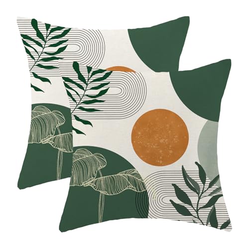 Boho Pillow Covers 18x18 Set of 2 Mid Century Green Orange Sunset Throw Pillow Covers Outdoor Decor Modern Abstract Tropical Leaf Pillowcase Farmhouse Decorative Cushion Cover for Sofa Couch - color: Boho-green-c, size: 18" x 18" (Pack of 2)
