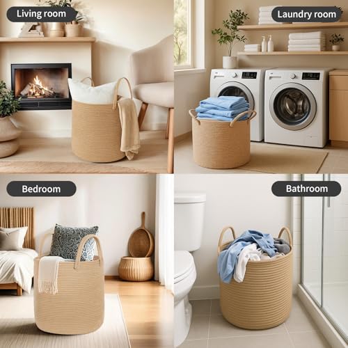 ShellKingdom Laundry Basket, Large Natural Rope Woven Storage Basket with Handles for Home, Living Room, Laundry, Storage Organizer for Blankets, Clothes, Plant, Toys, 15.7 x 13.8 INCH (Jute) - color: Jute, size: 38L