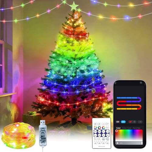 1Pack USB Plug in Christmas Fairy String Lights,16ft 50 LED Color Changing with APP Controlled & Remote Timer, Music Sync Waterproof RGB Twinkle Light Battery Powered for Bedroom Indoor Party Wedding