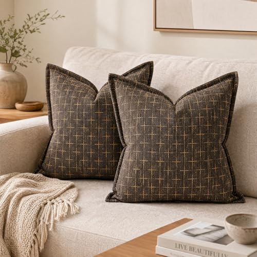 AVOIN colorlife Pack of 2 Decorative Throw Pillow Covers 22x22 Inch, Flange Edges Woven Textured Cushion Case Home Decor for Couch Sofa Bed Living Room Dark Coffee - color: Dark Coffee, size: 22" x 22" (Pack of 2)
