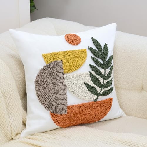 Boho Accent Pillow Covers 18x18- Tufted Abstract Modern Square Throw Pillow Covers, Farmhouse Decorative Pillowcase for Couch, Sofa, Bed, Living Room -Orange Beige Geometric Dark Green Leaf - color: Botanical Geometry Tufted