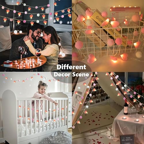ChiRee 9.85Ft String Lights with 20 Pink Heart LEDs 20 Pink Pom Poms Garland Lights with Timer Valentine Decoration for Home Kid Bedroom Mother's Day Wedding Party Valentine's Day Decor - style: Pink-Pink Heart