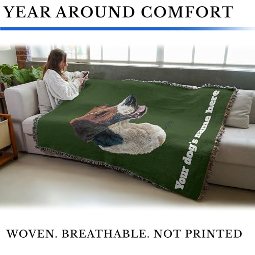 Pure Country Weavers English Foxhound Dog Personalized Woven Blanket Green by Robert May - Gift Cotton Tapestry Throw - Made in The USA - 72" x 54" - color: Green, size: 72" x 54" - Custom