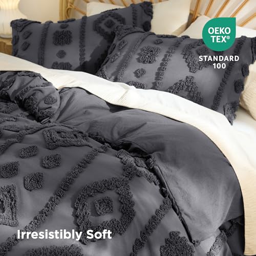 Bedsure Boho Duvet Cover Queen Size - Tufted Boho Bedding, Farmhouse-Style Distressed Vintage Embroidery Bedding for All Seasons, 3 Pieces, 1 Soft Jacquard Queen Comforter Cover and 2 Pillow Shams - color: 04 - Gray Tufted (No Comforter), size: Queen (90"