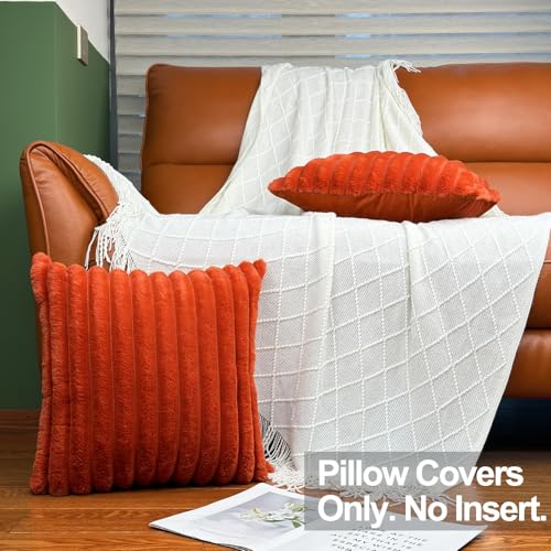 18x18 Throw Pillow Covers Set of 2, Decorative Faux Fur Covers for Bed, Couch Soft Fluffy Pillow Cover with Velvet Back for Living Room, Neutral Home Décor Accent for Sofa - Burnt Orange - color: Burnt Orange, size: 18" x 18" (Pack of 2)