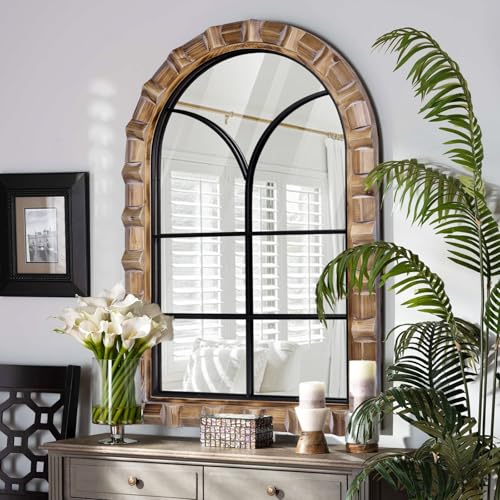 36x24 Inch Arched Window Pane Wall Mirror - Rustic Farmhouse Solid Wood Decorative Mirror for for Living Room, Bedroom, Entryway & Bathroom - color: E - Window - 36x24 in