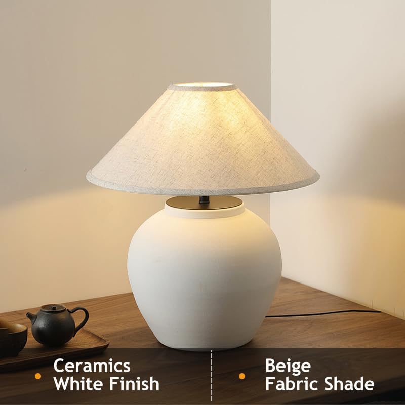 Farmhouse Table Lamps Black 18.8" Tall Ceramic Table Lamp Rustic Southwestern Clay Pot Ceramic Lampshade with Fabric Shade Bedside Nightstand for Living Room Bedroom House Office Entryway (White) - color: White