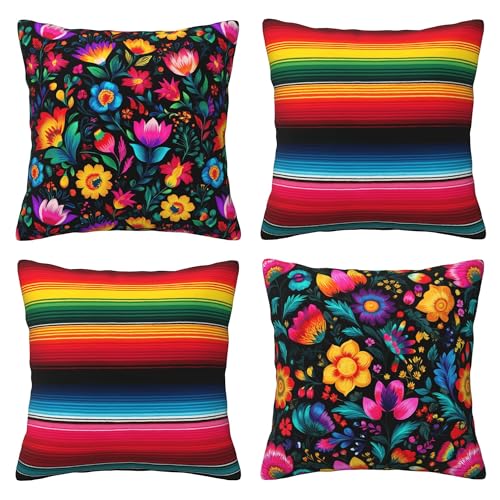 Mexico Flowers Throw Pillow Covers 18 X 18 Inch Set of 4 Decorative Cushion Cover Home Decor for Sofa Chair Couch Bedroom Living Room - color: Mexico