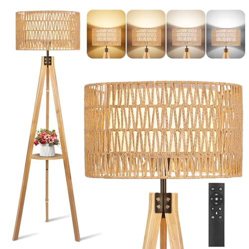 OUTON Boho Rattan Tripod Floor Lamp with Shelves, Remote Control, Dimmable Mid Century Modern Standing Lamp 58.5" for Bedroom, Living Room & Office, Lamp Shade Includes E26 9W Bulb, Wood - color: Wood & Rattan Shade